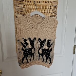 Kids' Beige Deer Knit Sweater Vest, Wool Yarn